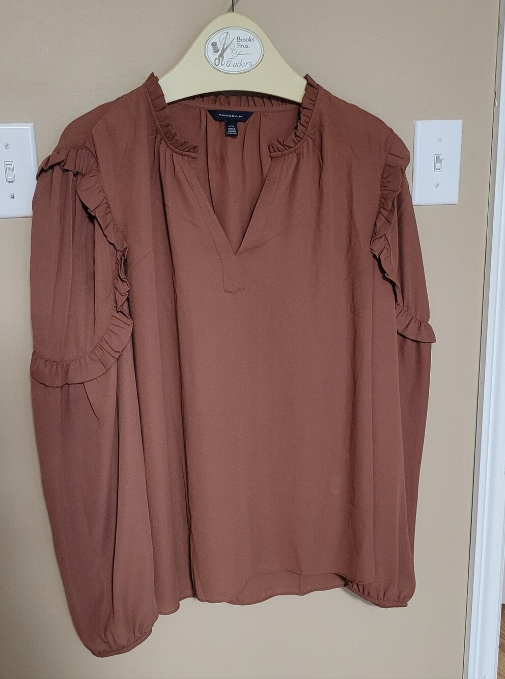 Rust Brown Ruffle-Trim Long Sleeve Blouse